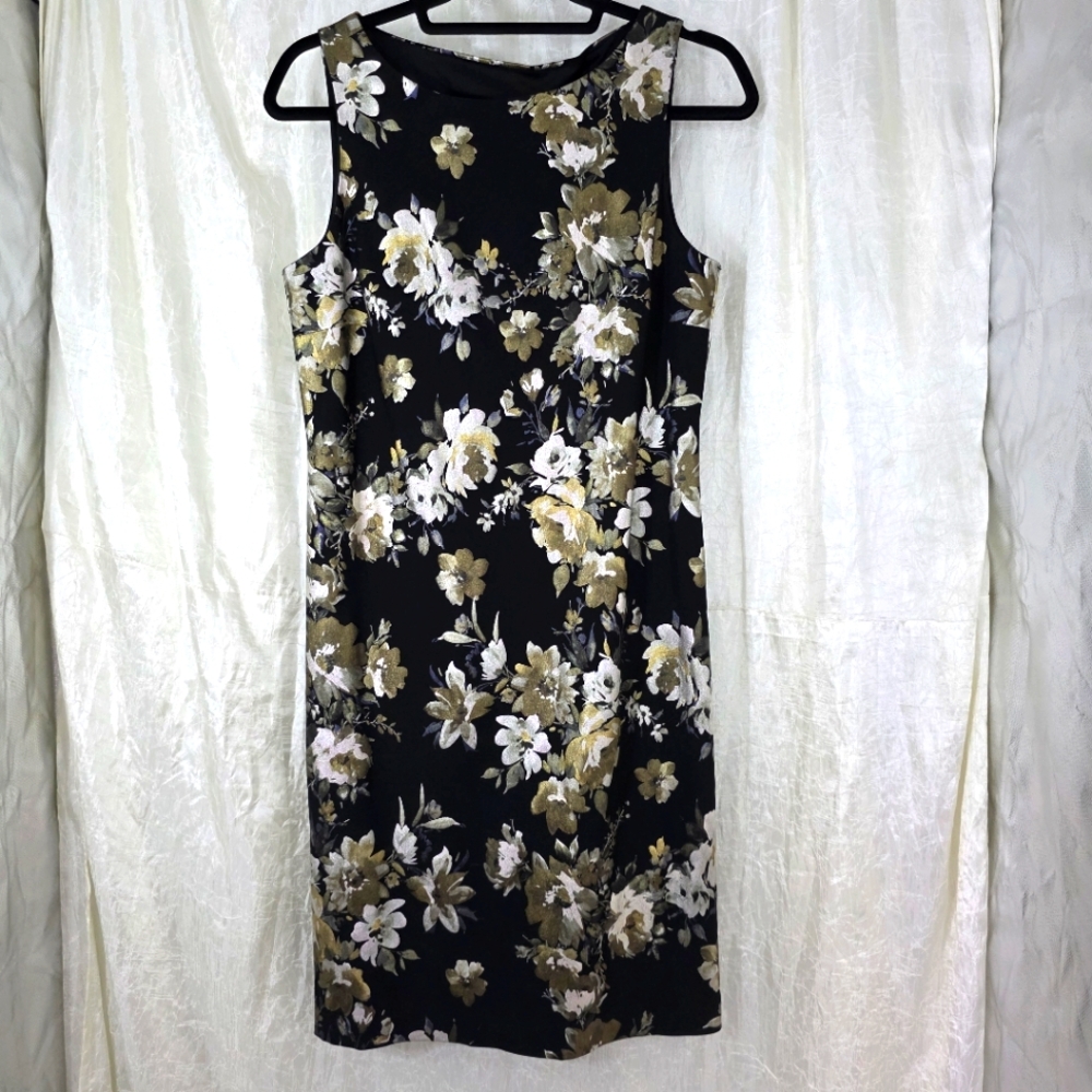 Michael Tyler Floral Black Gold/silver Foil Sheath Evening Party Romantic Chic